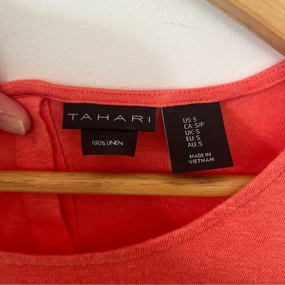 Tahari Orange 100% Linen Cap Sleeve Button Back T-shirt - Picture 5 of 7